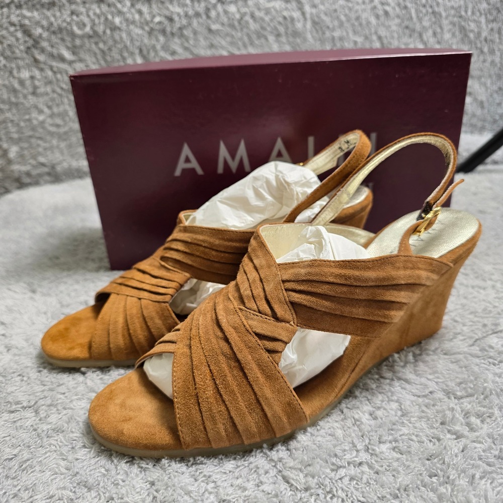 NEW Amalfi by Rangoni Women's Brown Italian Suede Strappy Wedge‎ Heel Sandals 8M